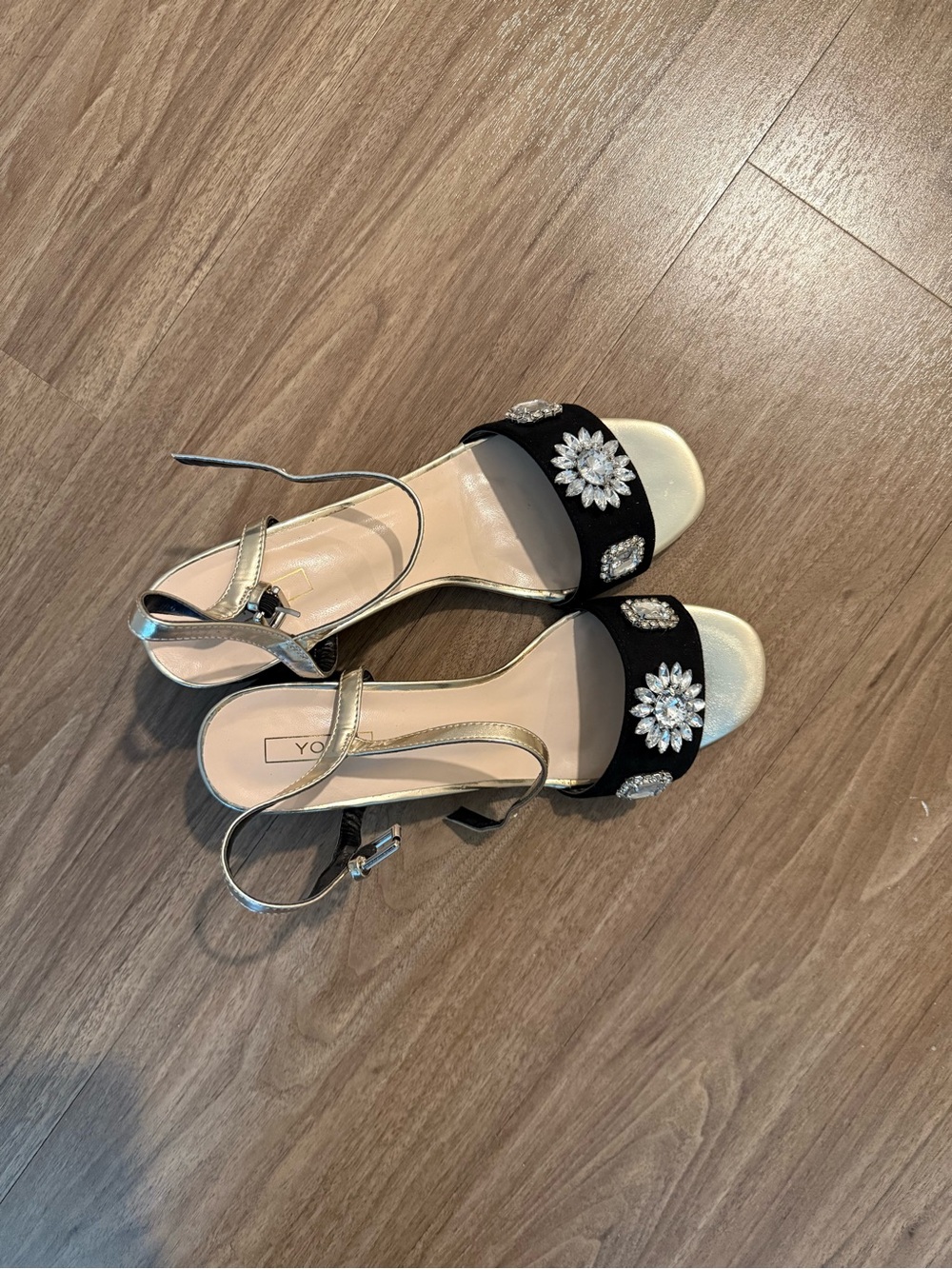 Yoki Black Heeled Sandals with Gold Straps and Crystal Accents